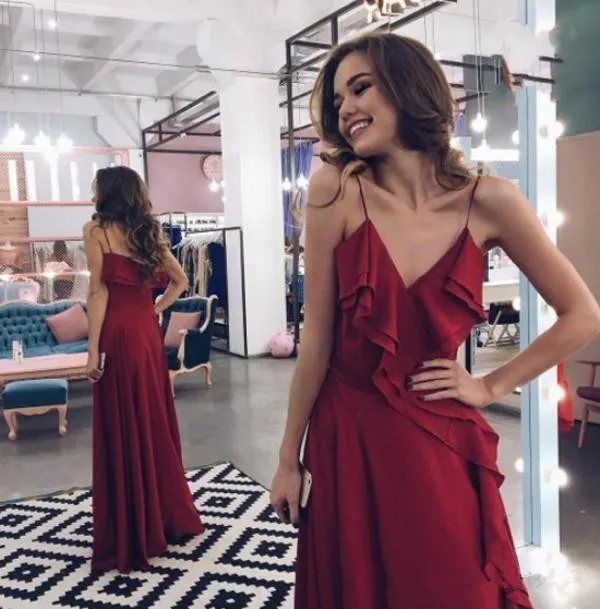 2020 New Sexy Spaghettis-Straps Burgundy Prom Dresses Long Elegant Ruffles A-line Floor Length Evening Party Gowns | Свадьбы и