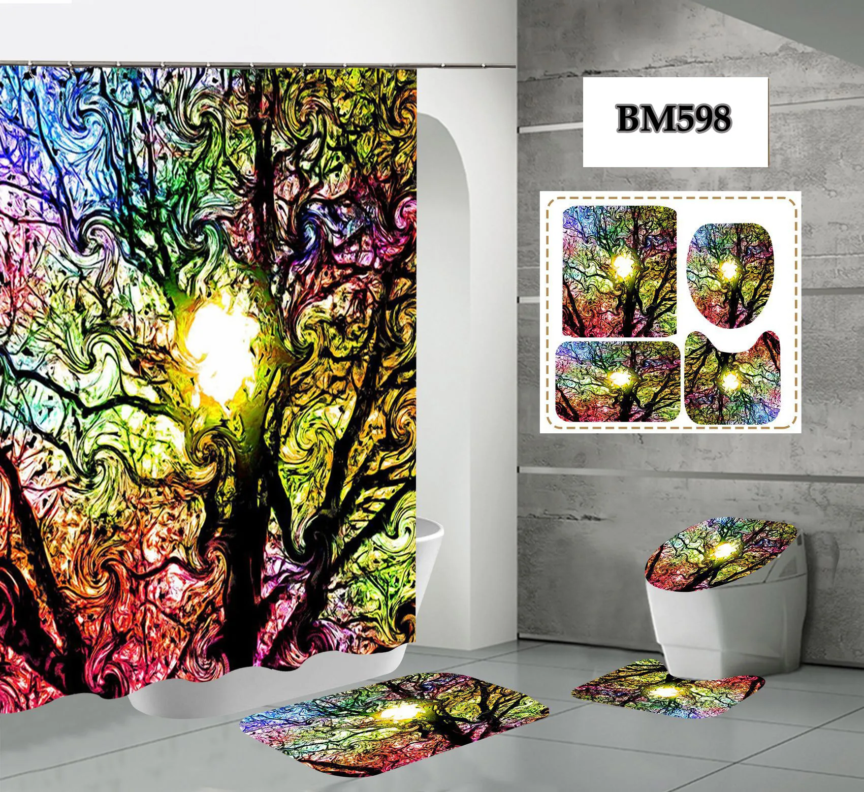 

Набор водонепроницаемых душевых занавесок зеленого цвета с нескользящей крышкой для туалета