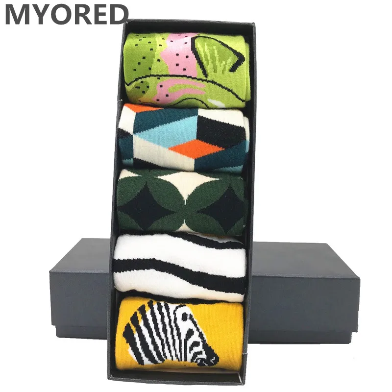 MYORED 5 пара/лот мужские носки со смешным рисунком мультяшных животных новинка