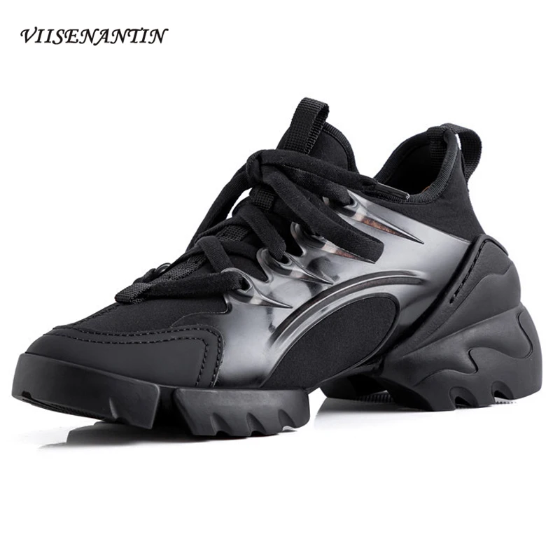 

Autumn Black Genuine Leather Chunky Sheel Casual Daddy Shoes Women Thick-soled Flat Platform Breathable Lace-up Stretch Sneakers