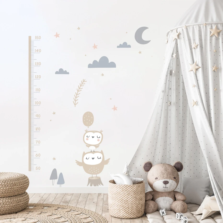 Autocollant mural en vinyle Beige  mesure de la taille du bébé  hibou  lune  nuages  étoiles