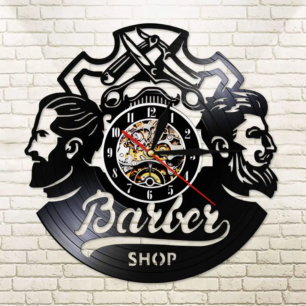 Barber Shop Logo Hair Salon Decor Vintage Vinyl Record Wall Clock Accessories Hairdresser Sign Decorative Watch | Дом и сад