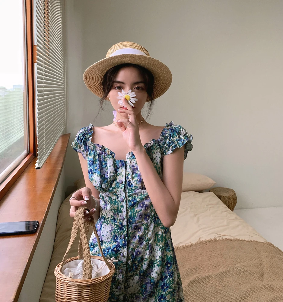 

summer French style women sext chiffon floral midi dress 4194#