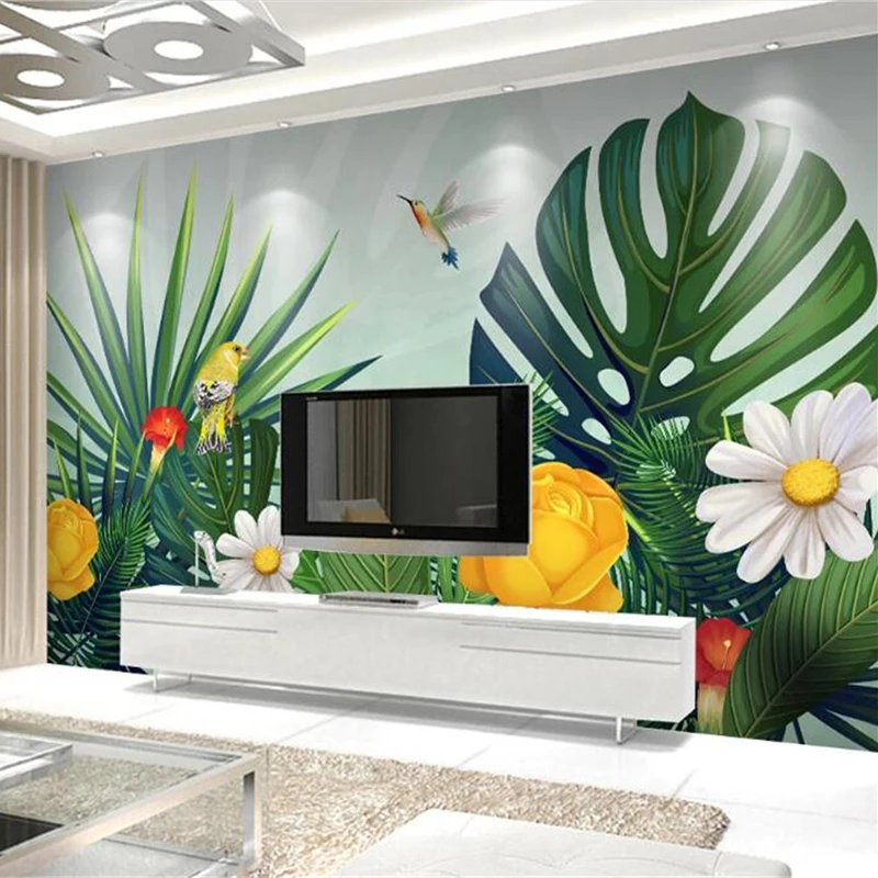 

3D фото зеленый Растительный попугай банановый лист пасторальный росписи водонепроницаемые обои для гостиной диван спальня ТВ фон домашний...