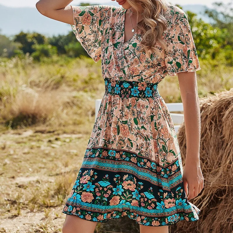 

Женское платье с цветочным принтом, Повседневное платье с V-образным вырезом, высокой талией и коротким рукавом, в богемном стиле, лето 2021