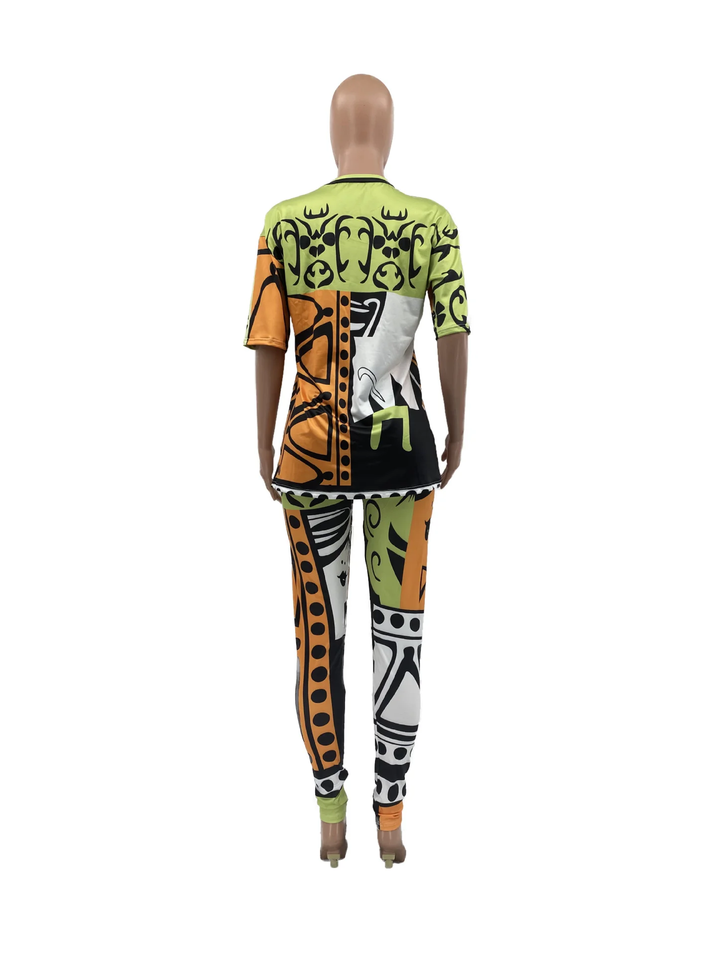 

Vavcy 2021 summer pant suit weird pattern matching color t-shirt + pant sexy women set