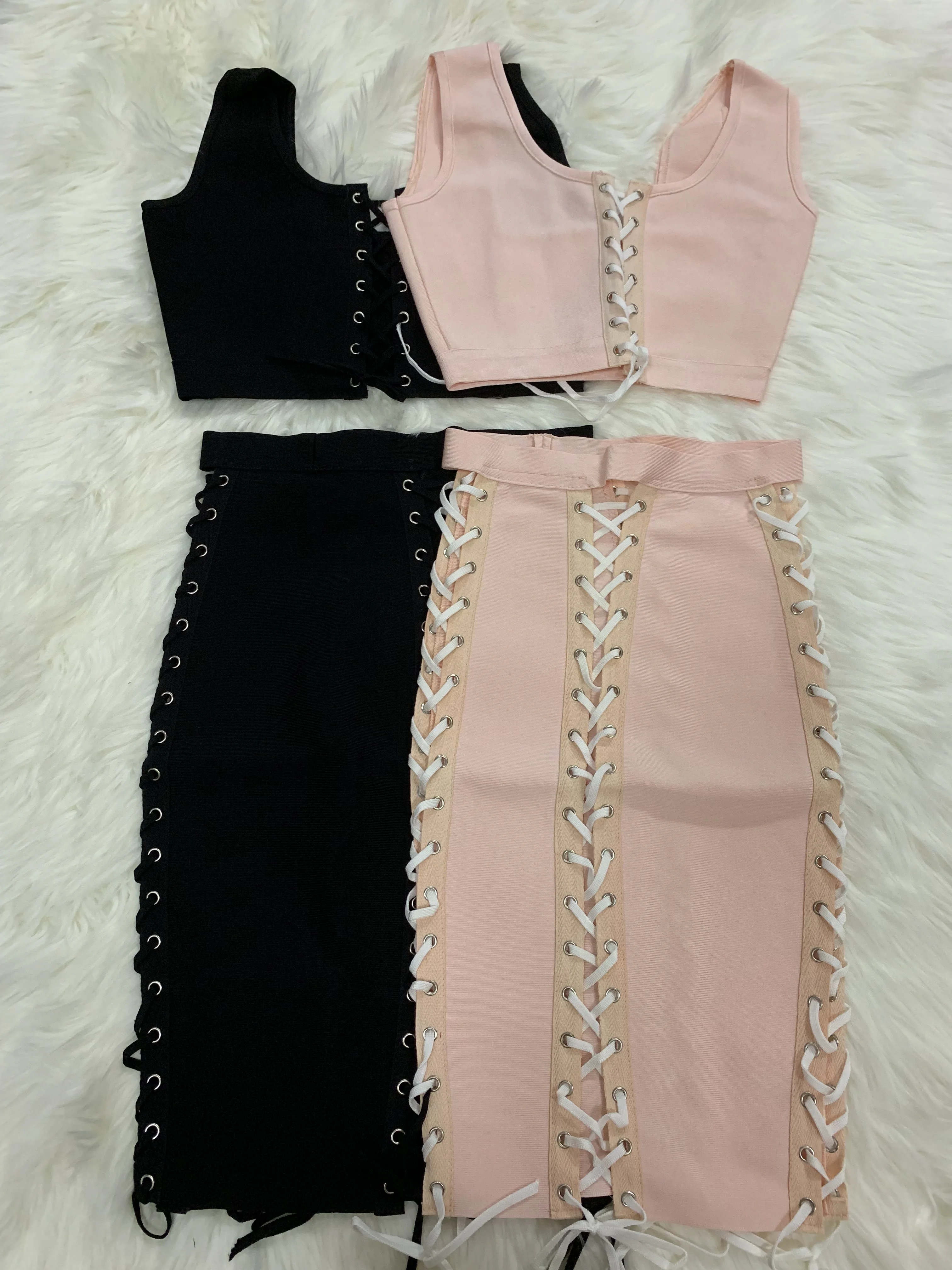Летний Новый розовый черный бандажный костюм, сексуальный летний женский комплект без рукавов из двух предметов, облегающая юбка, мини винт... от AliExpress RU&CIS NEW