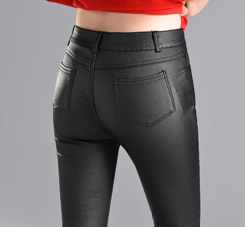 Зимние женские брюки и капри из искусственной кожи PU эластичные брюки с высокой талией эластичные узкие брюки-Карандаш Леггинсы женские черные