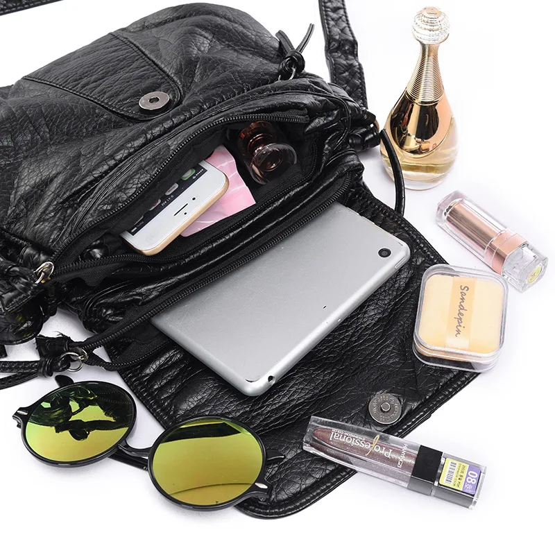 

Black Small Women Messenger Bag Soft Washed PU Leather Crossbody Bag Female Handbag Purses For Lady Bags