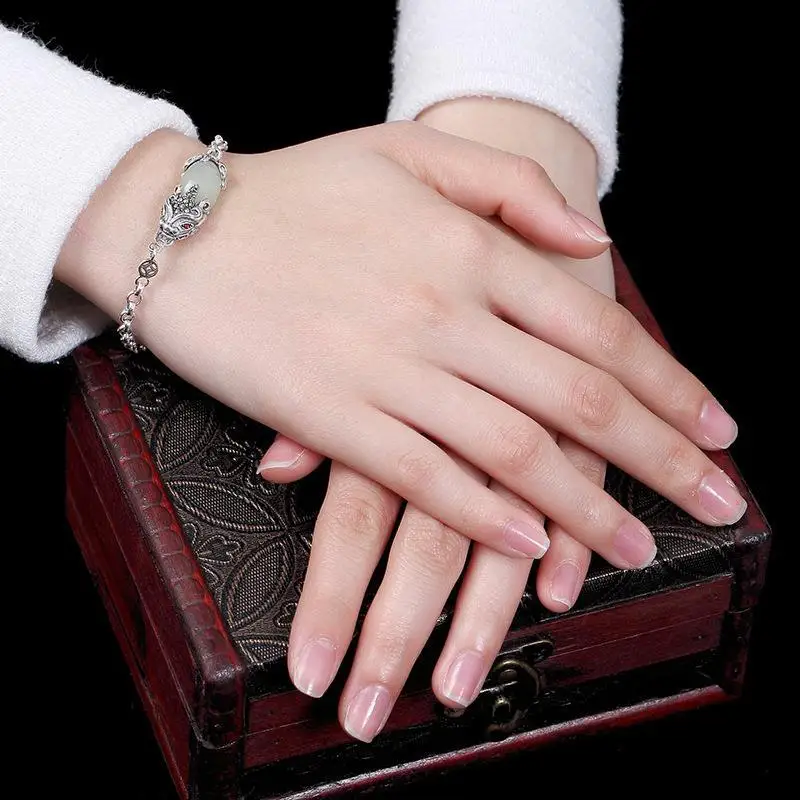 

Original S 925 Sterling Silver Vintage Handmade Inlaid Hetian Jade White Jade Money Drawing and Evil Spirits Exorcising Women's