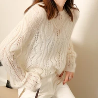womens white knitted mohair oversized long sleeved pullover sweater fall 2021 black fashion simple lazy hollow harajuku sweater