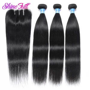 ShineFull волосы бразильские человеческие волосы для наращивания прямые 3 пряди с 4*4 кружевной застежкой не Реми волосы 8-28 дюймов Смешанная Длина
