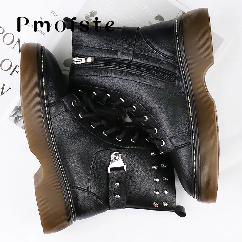 

Genuine Leather Boots Women Gothic Black Punk Shoes Design Rivet Metal Button Soft High Quality Ankle Platform Boots for Girls