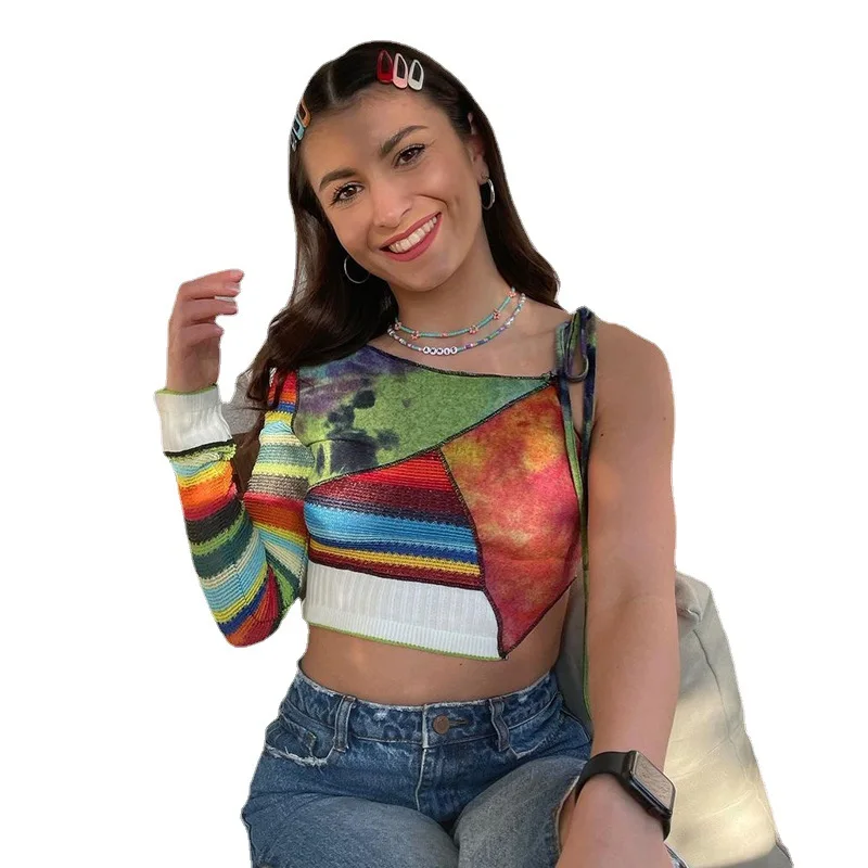 

LORDLDS Tank Top Women Harajuku Fashion Summer One Shoulder Rainbow Striped Kawaii Gothic Top Slim Lace Up T Shirts