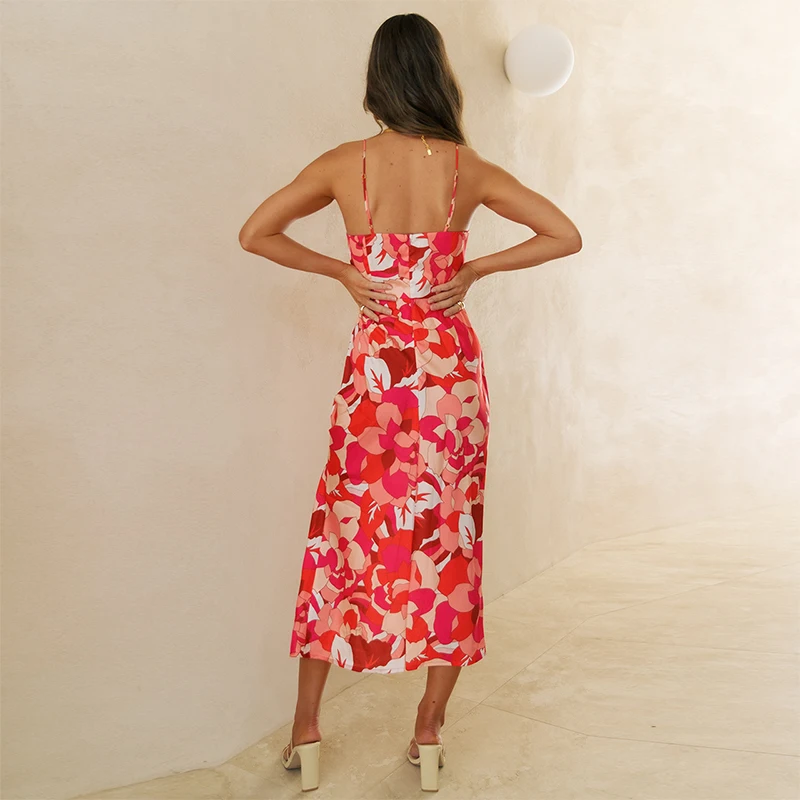 

New Arrivals Spaghetti Strap Printed V Neck Dress Women Summer 2021 Sexy Sling A Line Split Female Party Club Dress Vestidos