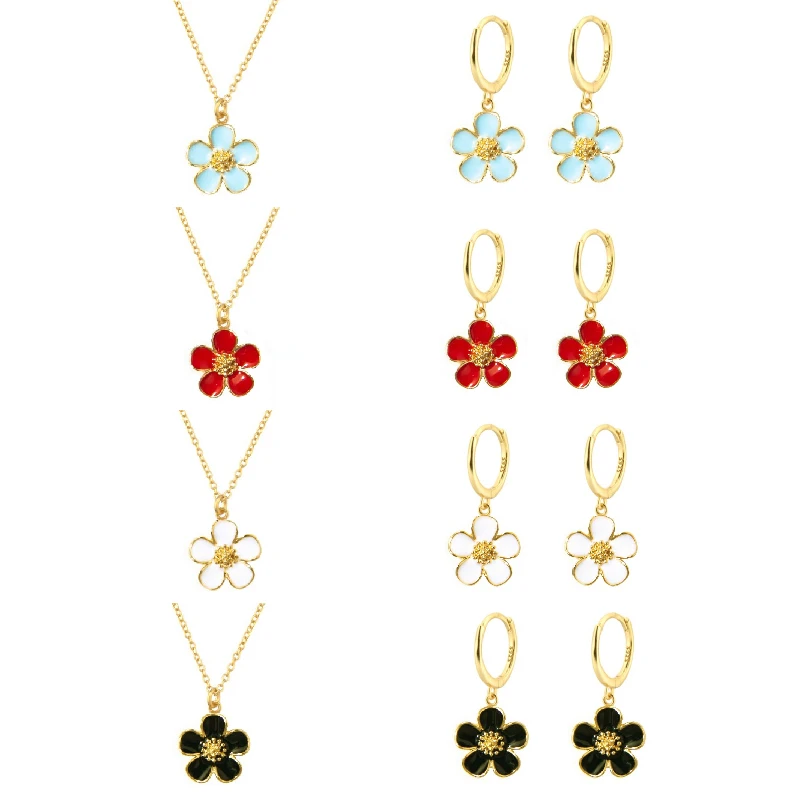 

Colored Enamel Flowers Pendant Dangle Necklace Drop Earrings Summe Flower Collection Cute Charm Necklaces Jewelry Set for Women