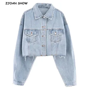 Женская джинсовая куртка, Короткая свободная однобортная джинсовая куртка с отворотами и карманами, осень 2020