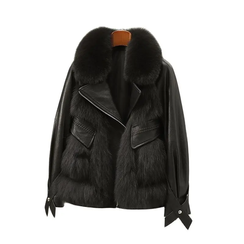 

Зимний мех лисы, пальто из овчины, Женская Повседневная мода, сращенная овчина с большим меховым воротником, меховое пальто для женщин, 2021