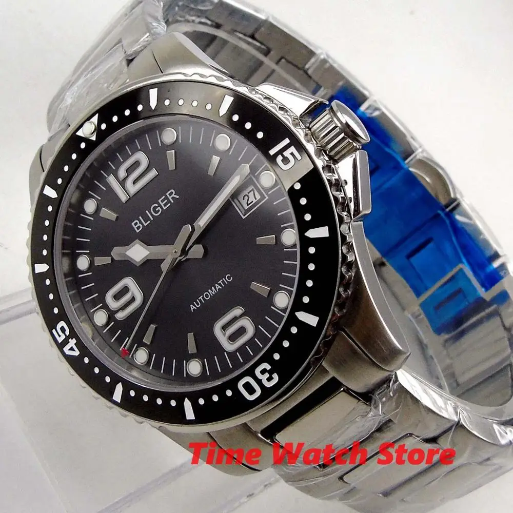 Standard black BLIGER 40 мм автоматические часы для мужчин сапфировое стекло водонепроницаемый светящийся синий черный циферблат керамический ободок SS браслет - Цвет: Standard black