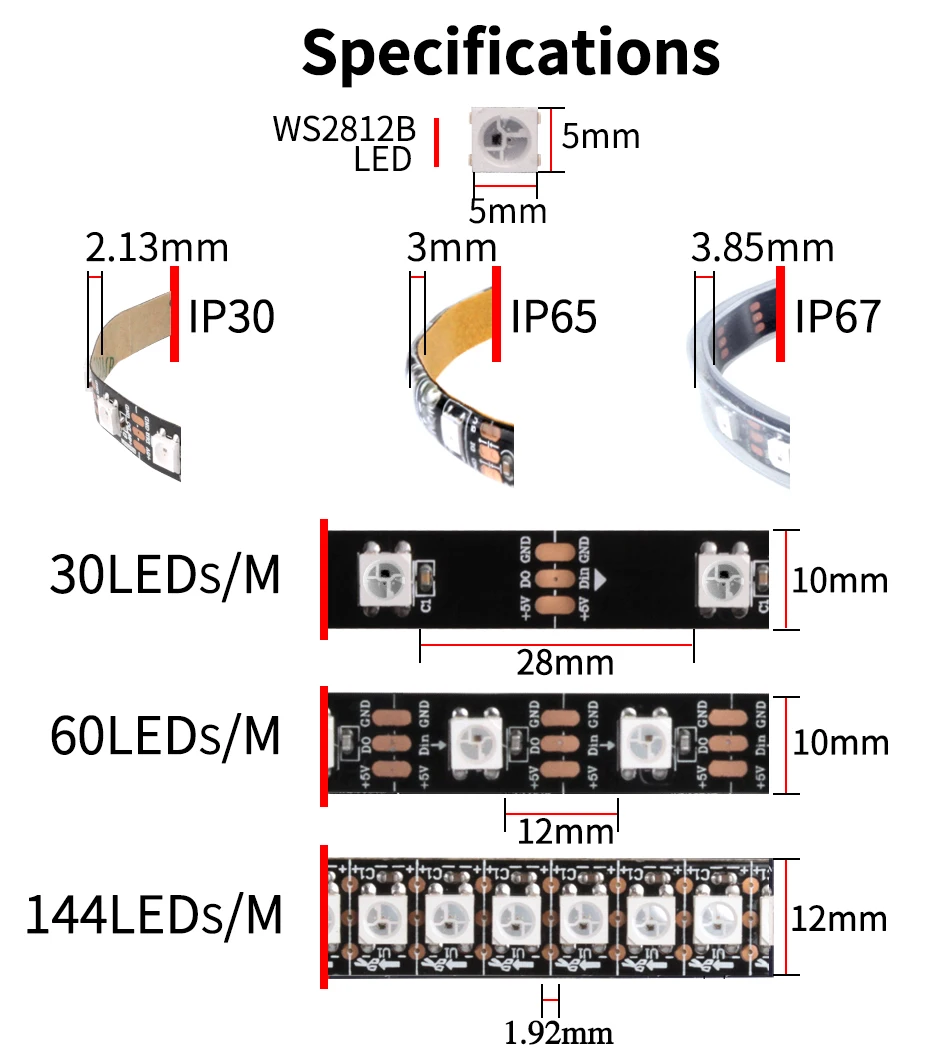 Светодиодный светильник WS2812B Smart pixel 1 м/2 м/3 м/4 м/5 М WS2812 IC30/60/144