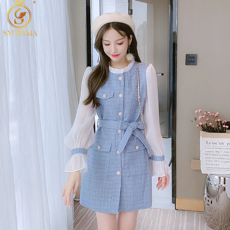 Женское твидовое платье SMTHMA элегантное винтажное в стиле пэчворк модельное с