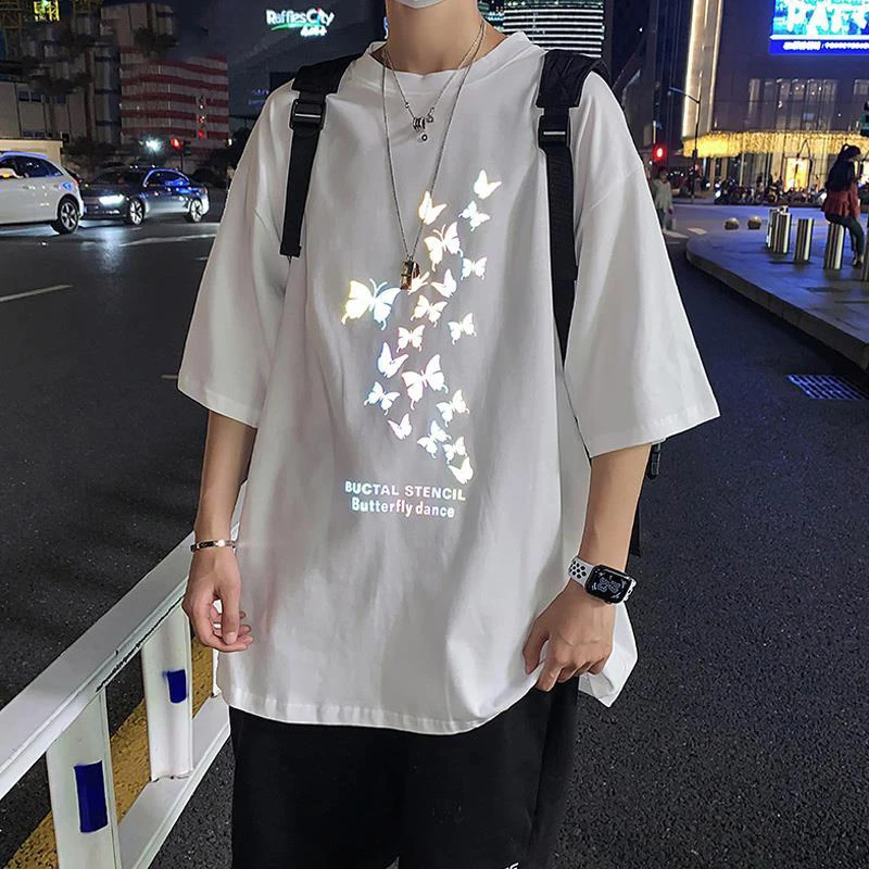 Футболка Мужская/Женская хлопковая светоотражающая свободная черная в стиле