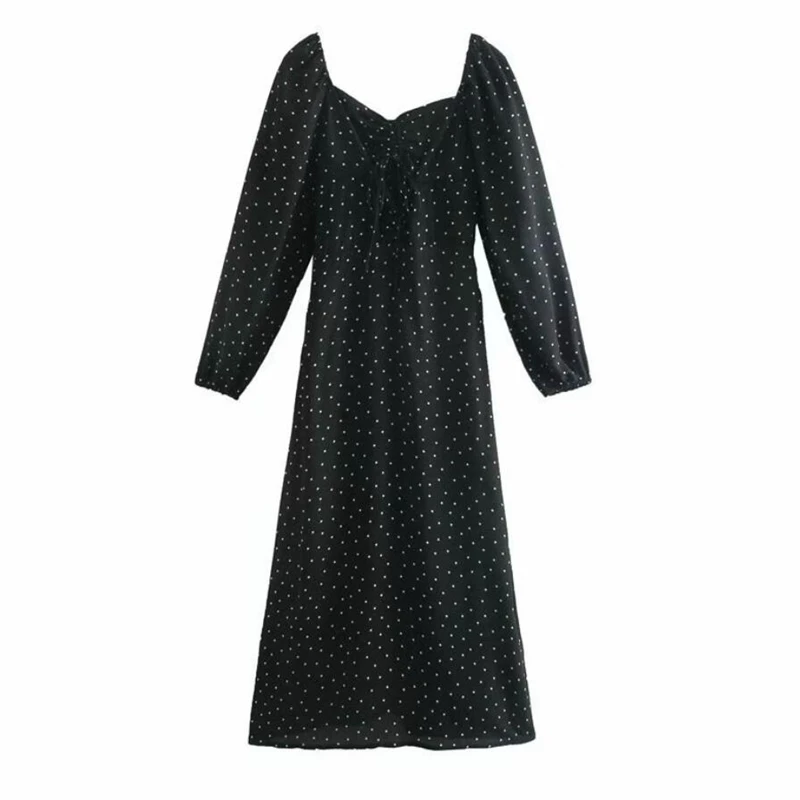 

2021 Women Vintage Square Neck Point Print Drawstring Midi Dress Chic Female Long Sleeve A Line Retro Party Dress