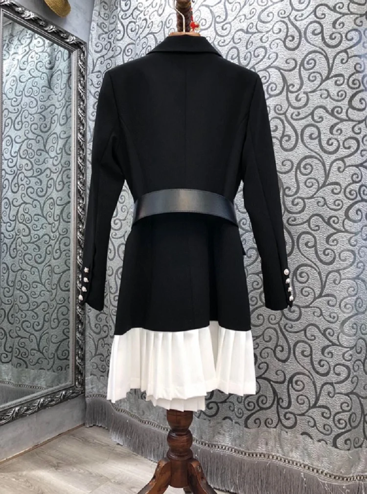 

Top Quality New Blazer Dress 2020 Autumn Business Inspired Women Notched Collar White Pleated Patchwork Long Sleeve Work Dress