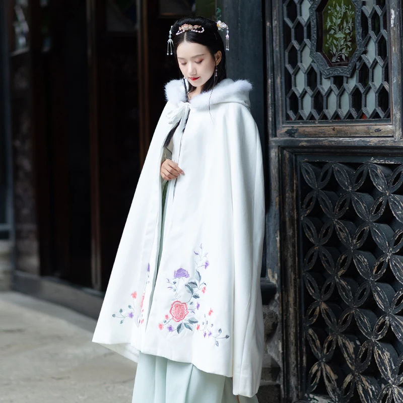 Женский плащ Hanfu китайский традиционный женский зимний костюм бело голубое