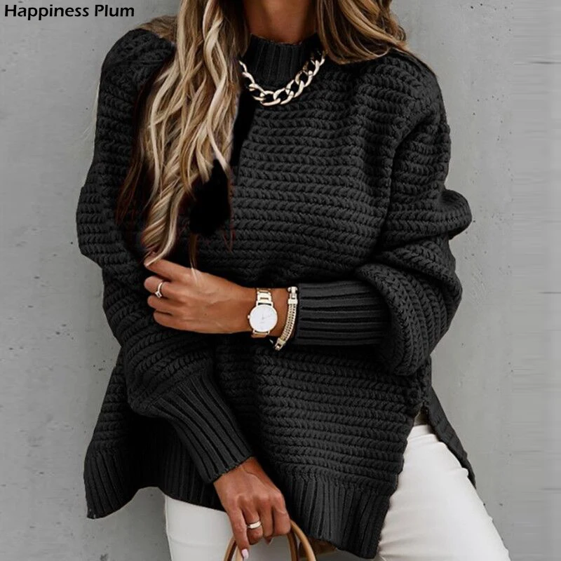 

Women Elegant Solid Ribbed Knit Sweater Fashion O Neck Lantern Long Sleeve Pullover Tops Ladies Winter Casual Loose Slit Jumper