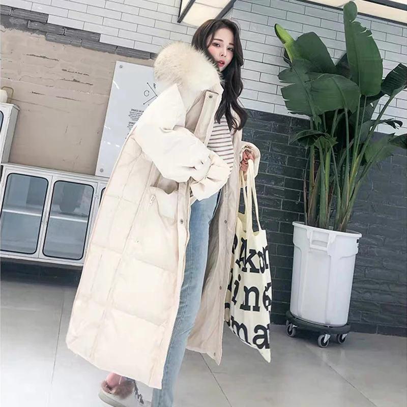 

Women Winter White Duck Down Jacket Ladys Hooded Faux Fur Collar Long Warm Thick Coat Female Parka Outwear Doudoune Femme