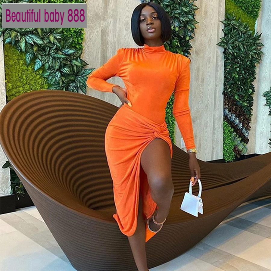 

Meqeiss sexy high split woman Solid color dresses autumn long sleeve fashion club party night wild dress female bodycon clother
