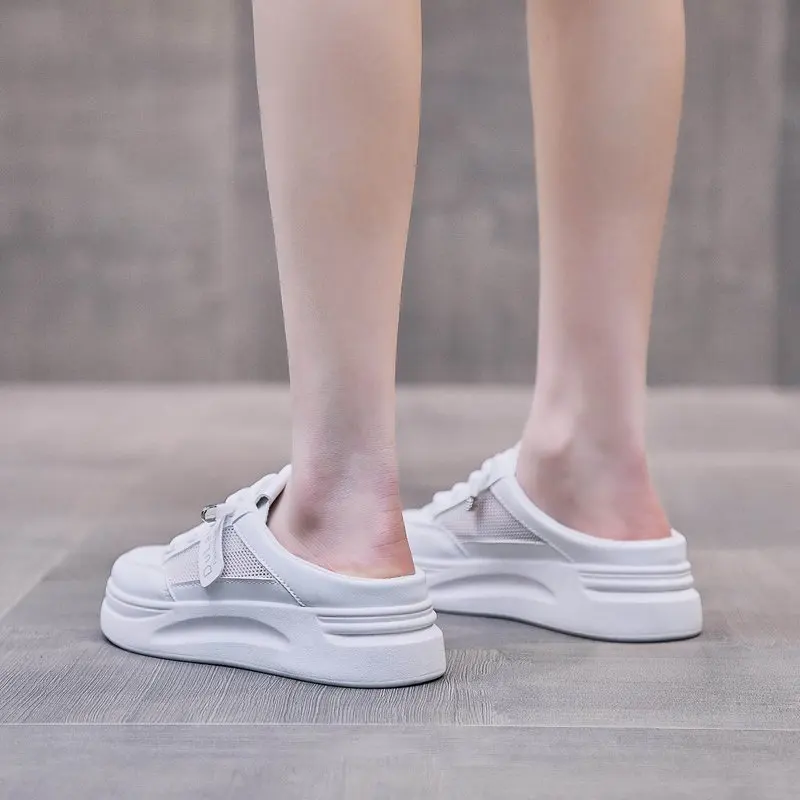 

Slippers Women Summer Flat Shoes Female Slides Med Pantofle Platform Fashion Cover Toe Soft 2021 Luxury Cotton Fabric PU Lace-Up