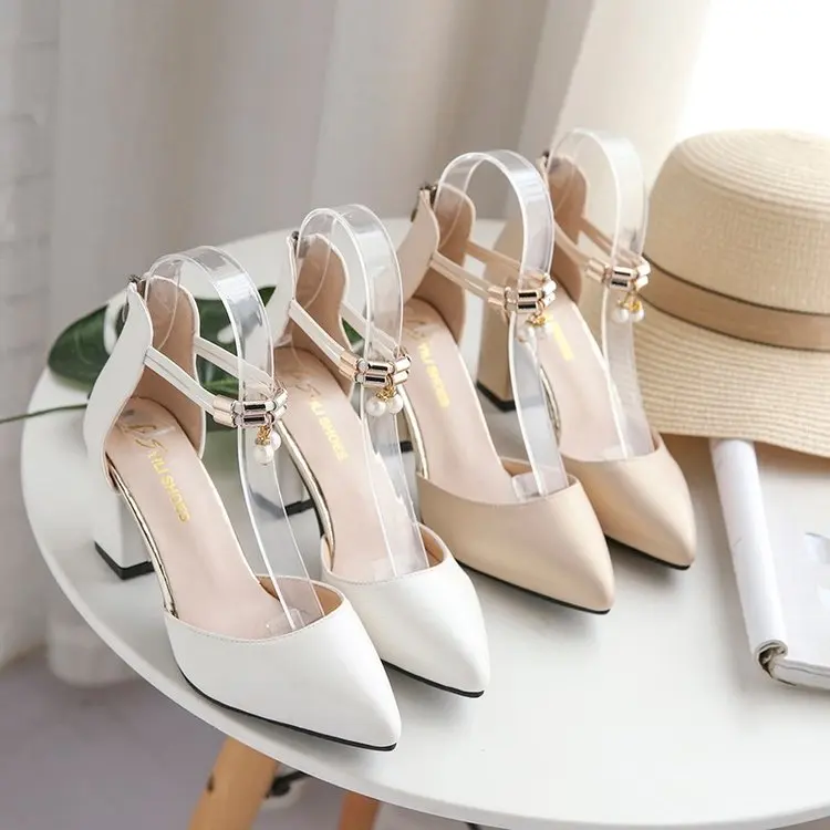 

New Women Pointed Toe Pumps Summer Fashion Sexy Wedding Square heel High Heeled Shoes Woman pearl Sandals Zapatos Mujer no1