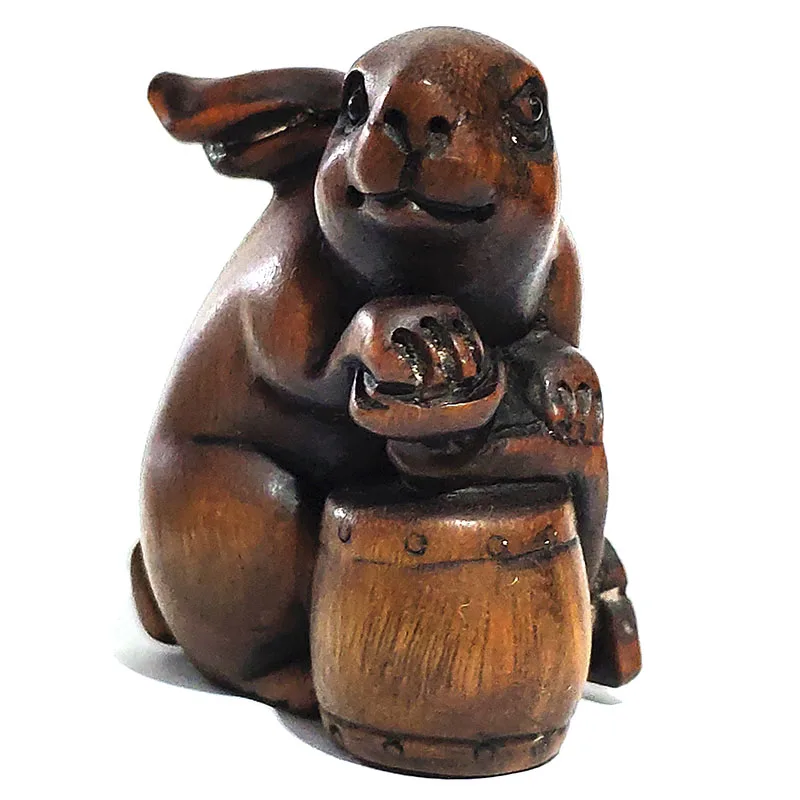 

Y5802 - Collectible 20 Years Old 2" Hand Carved Ebony Ironwood Netsuke - Rabbit with Ruyi
