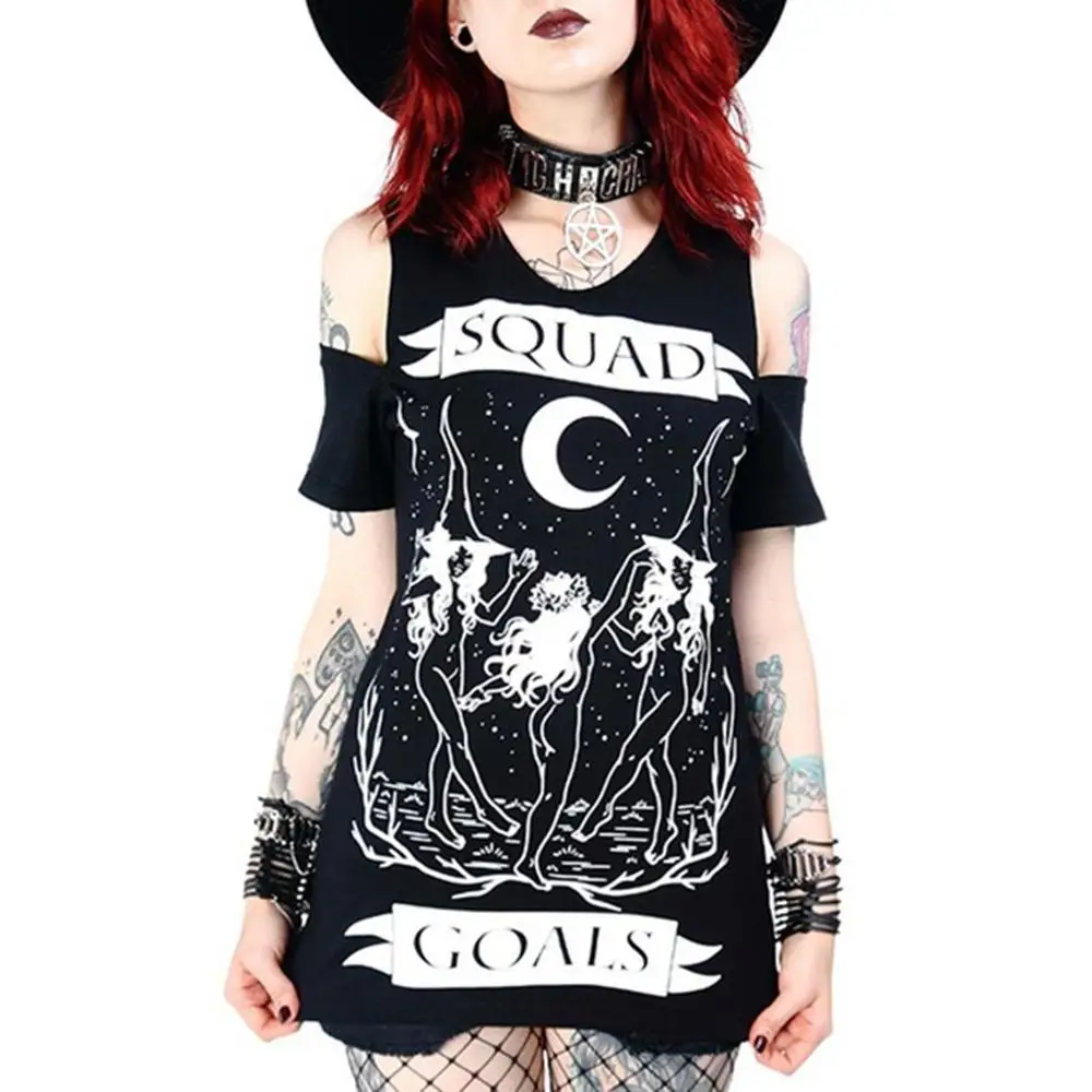 Новая женская футболка в готическом стиле с принтом панк открытыми плечами