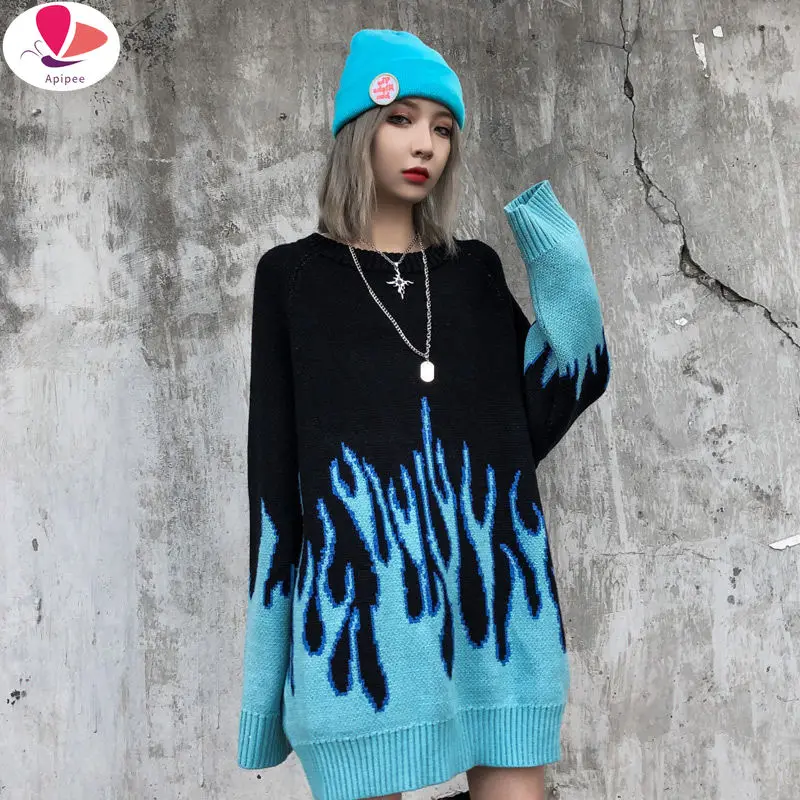 

2022 New Sweater Female Hip-hop Style Flame Jacquard Women's Sweater Traf Couple Pullover Knit Top Loose Men's Sweater