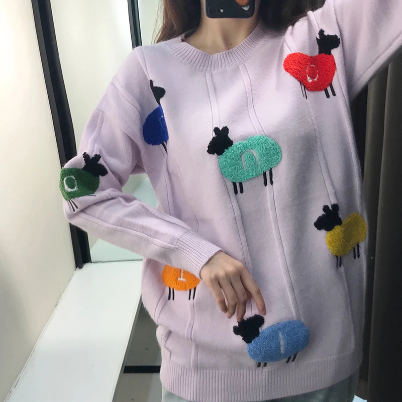 INS Popular Thick Women Sweater with Contrast Color Sheep Pattern Towel Embroidery Lilac Long Sleeves Knitted Pullover | Женская одежда