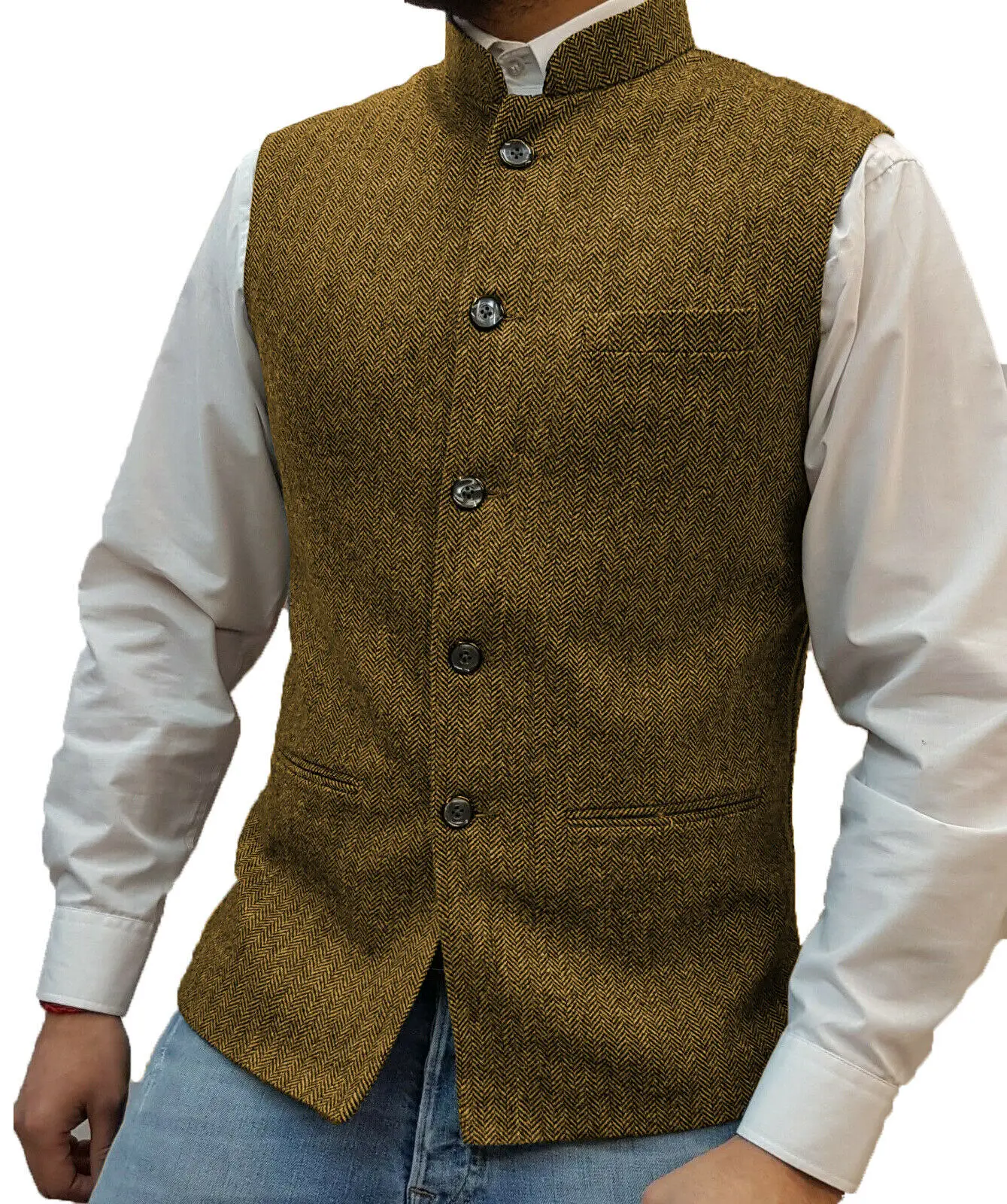 Men's Vest Stand-up Collar Herringbone Suit Vest Steampunk Style Wedding Groom Waistcoat