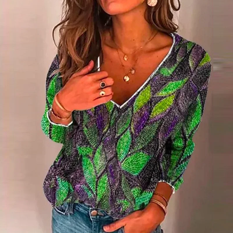 

Spring New Women Fashion Retro Print Blouse Shirts 2021 Elegant V-Neck Long Sleeve Tops Pullover Female Casual Loose Streetwear