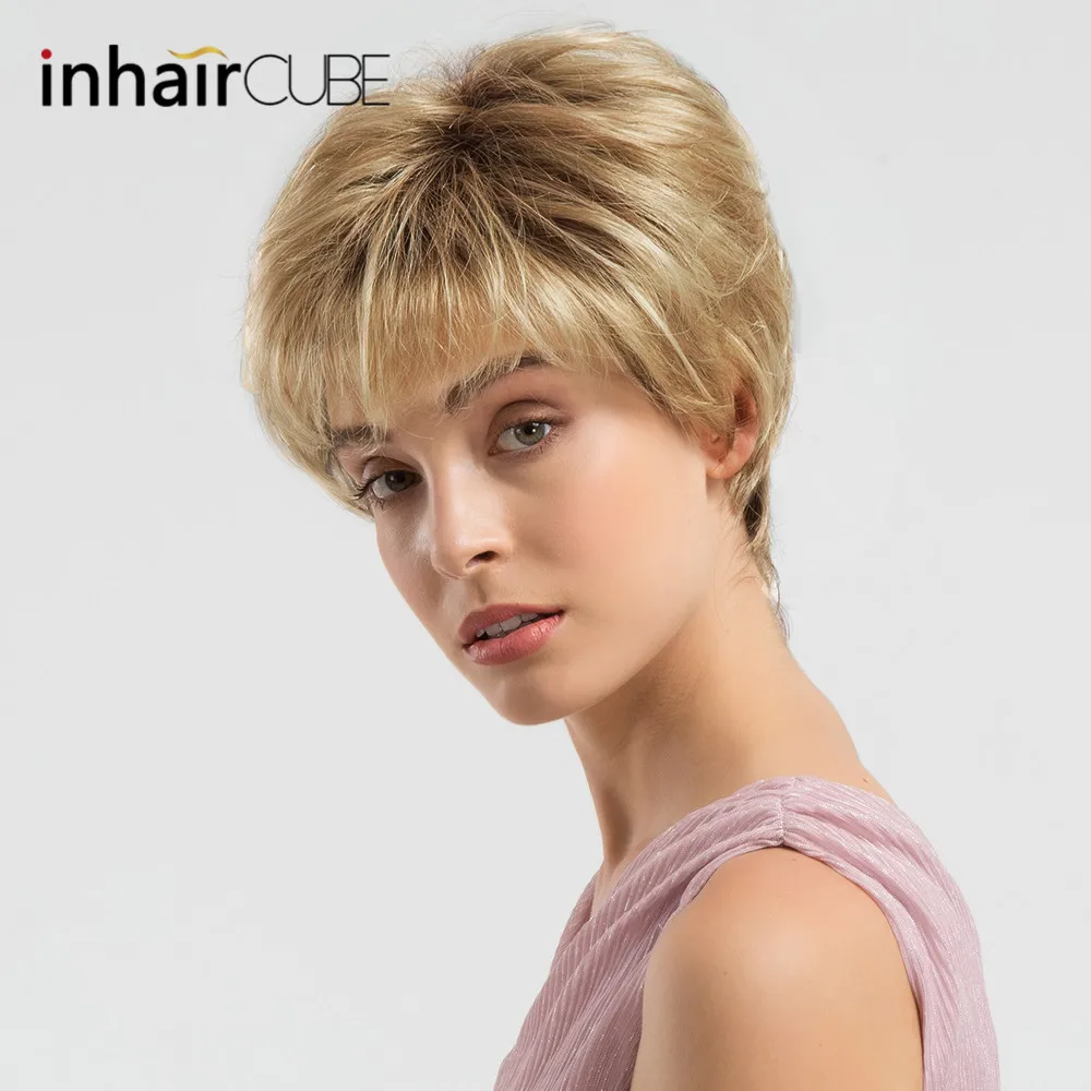 INHAIR cube 6 дюймов Синтетические волосы смесь естественная волна короткие парики для женщин пушистый Ombre блонд бесплатно парик крышка