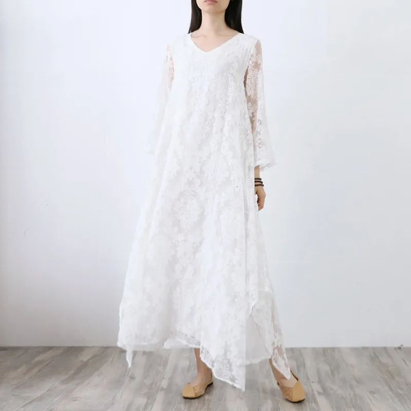 Весна Лето Белое Кружевное длинное платье для женщин свободное облегающее