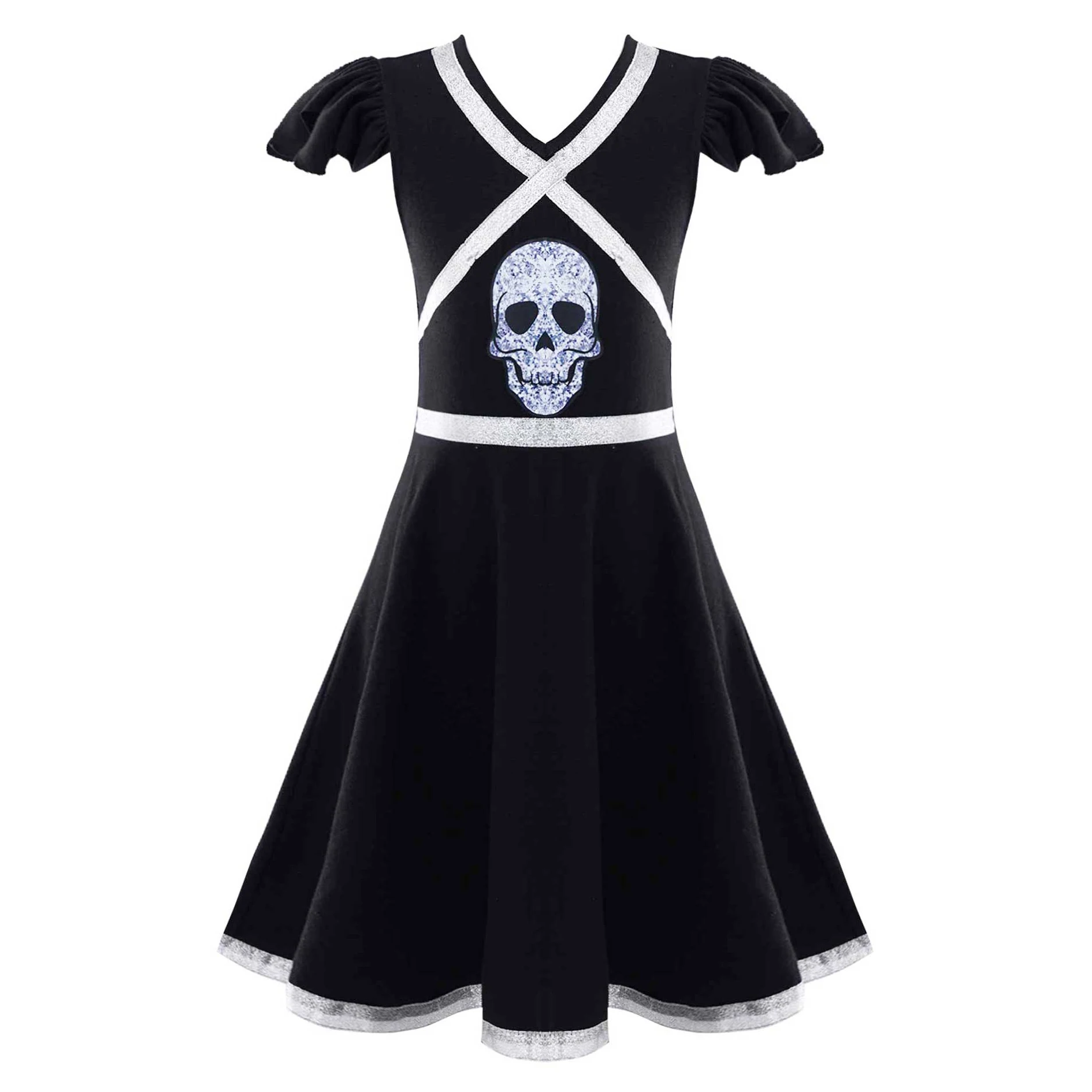

Black Girls Halloween Dress Kids Flutter Sleeve Skull Pattern Print Dresses For Girls Carnival Party Cheerleading Dance Dress