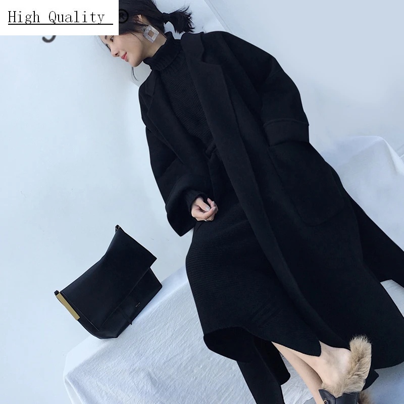 Зимнее шерстяное пальто женское корейское двухстороннее кашемировое длинное с