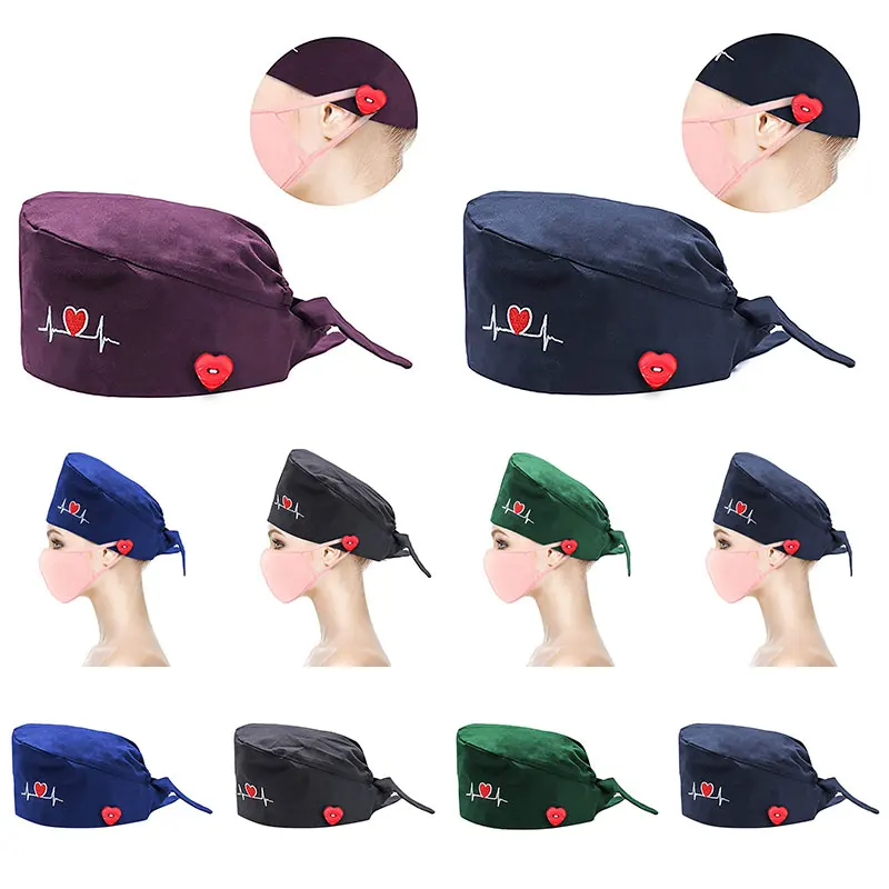 

Doctor Surgical Cap Heart Shape Embroidery Nurse Hat for Women with Button Beauty Salon Pharmacy Caps Operating Room Working Hat