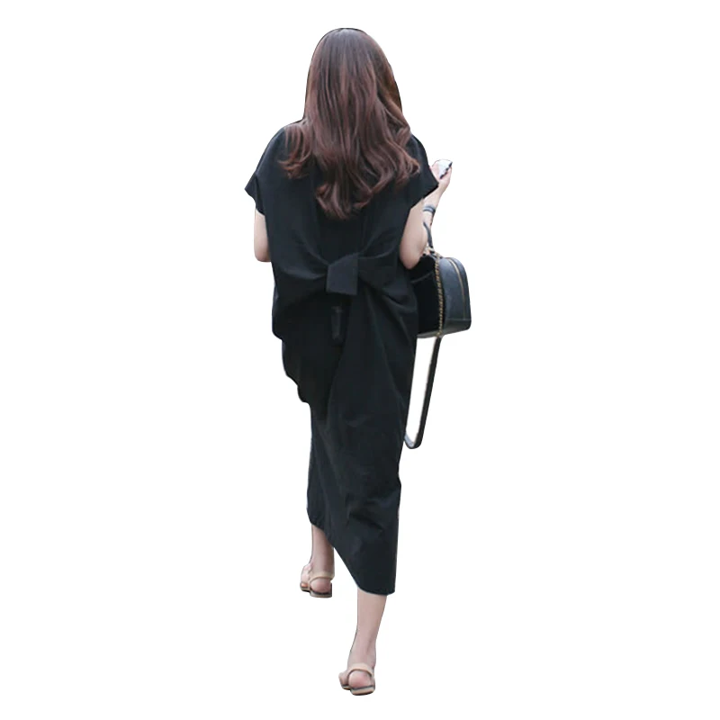 

Summer Women Dress Korean Style Loose Black Dress Short Sleeve Round Neck Irregular Splits Hem Long Dress Maxi Dress SER