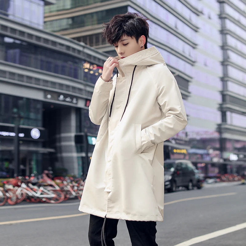 

Brand Hoodies Trench 2019 Spring New Long Trench Coats Men Fashion Hooded Solid Windbreaker Pocket Jackets Men 1903
