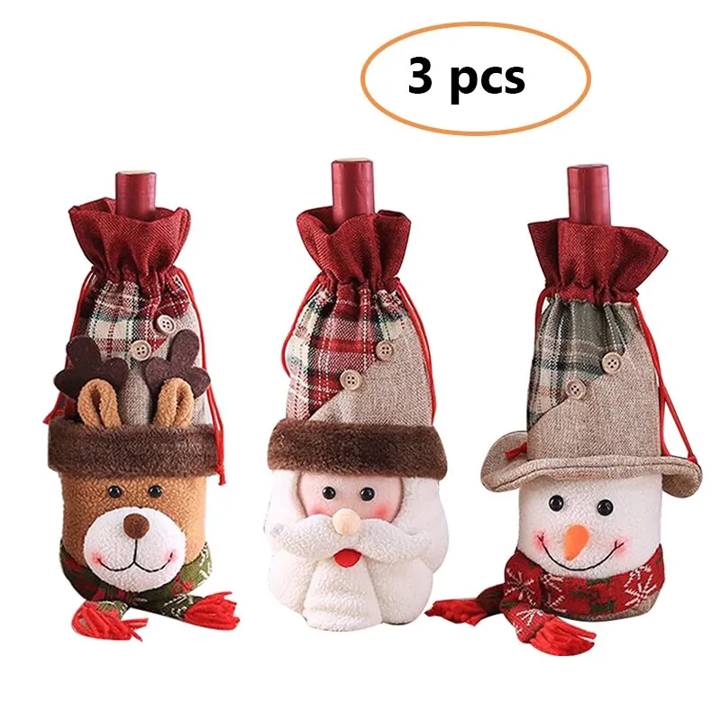3PCS D Новогодняя Рождественская крышка бутылки вина набор Рождественский Декор Санта Клаус Снеговик для бутылки крышка сумка ужин вечерние рождественские аксессуары - Цвет: 3PCS D