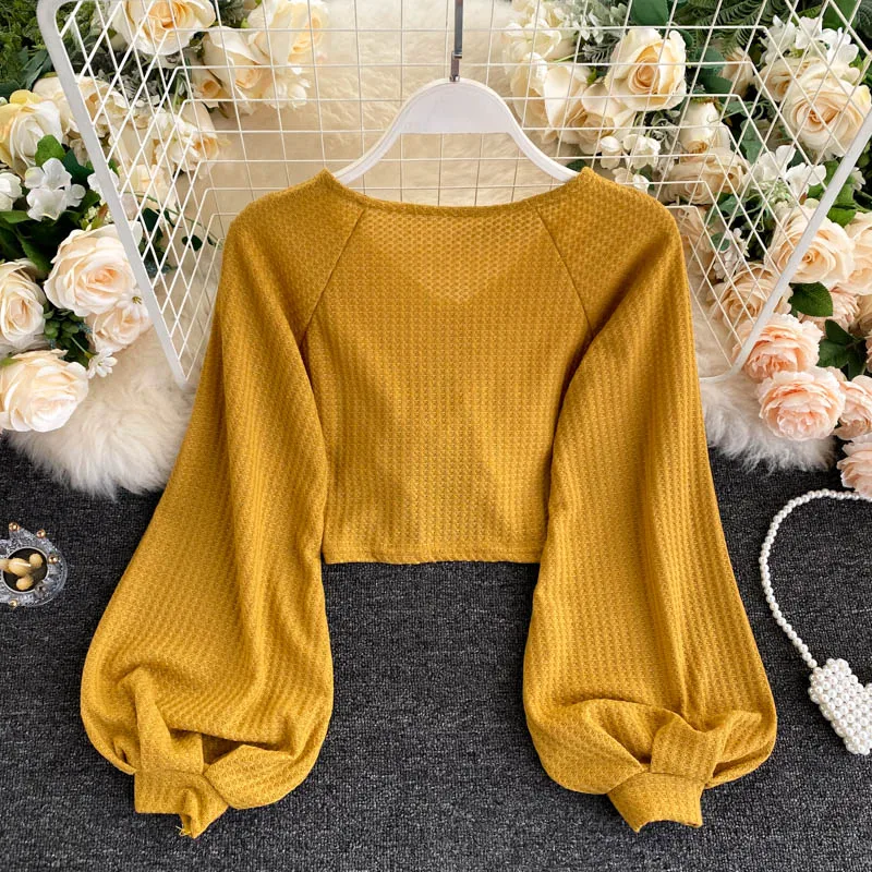 Узкие Короткие топы с пышными рукавами в европейском и американском стиле