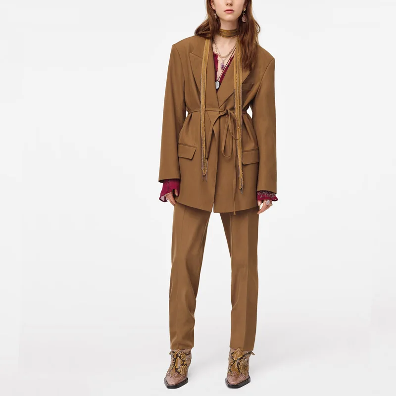 

Office Suit Casual Solid Color Belt Decoration V-neck Blazer Set + Pants Suit for Woman 2021 Spring Autumn New